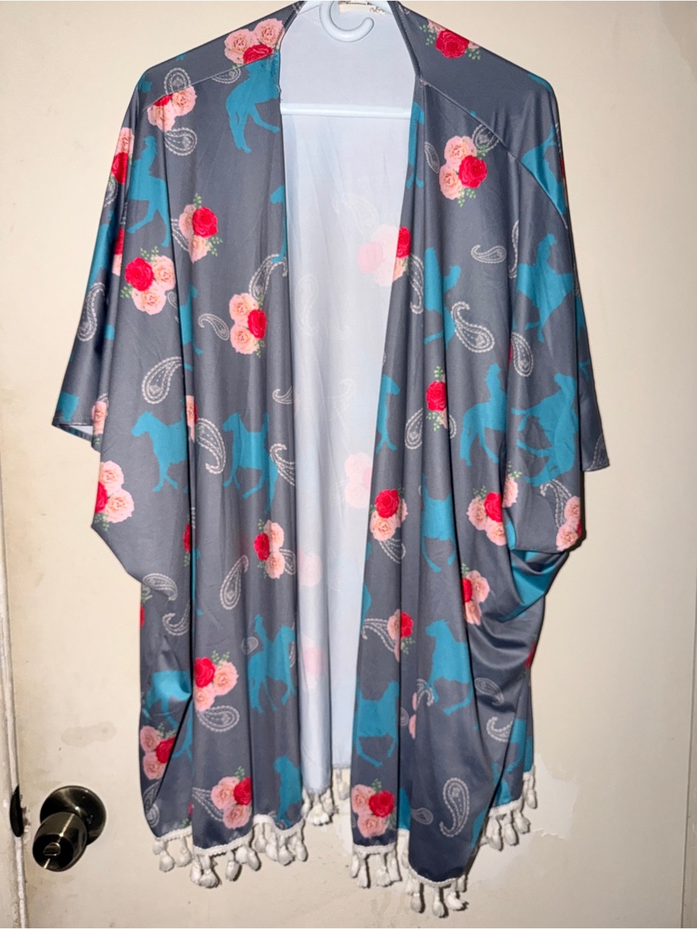 Gray Floral & Teal Horse Kimono Robe with Tassel Trim